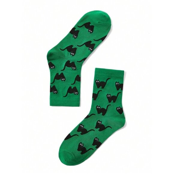 Flacwind Artist Dark Cute Black Cat Pattern Kawaii Jacquard Mid-Calf Socks - Picture 2 of 3